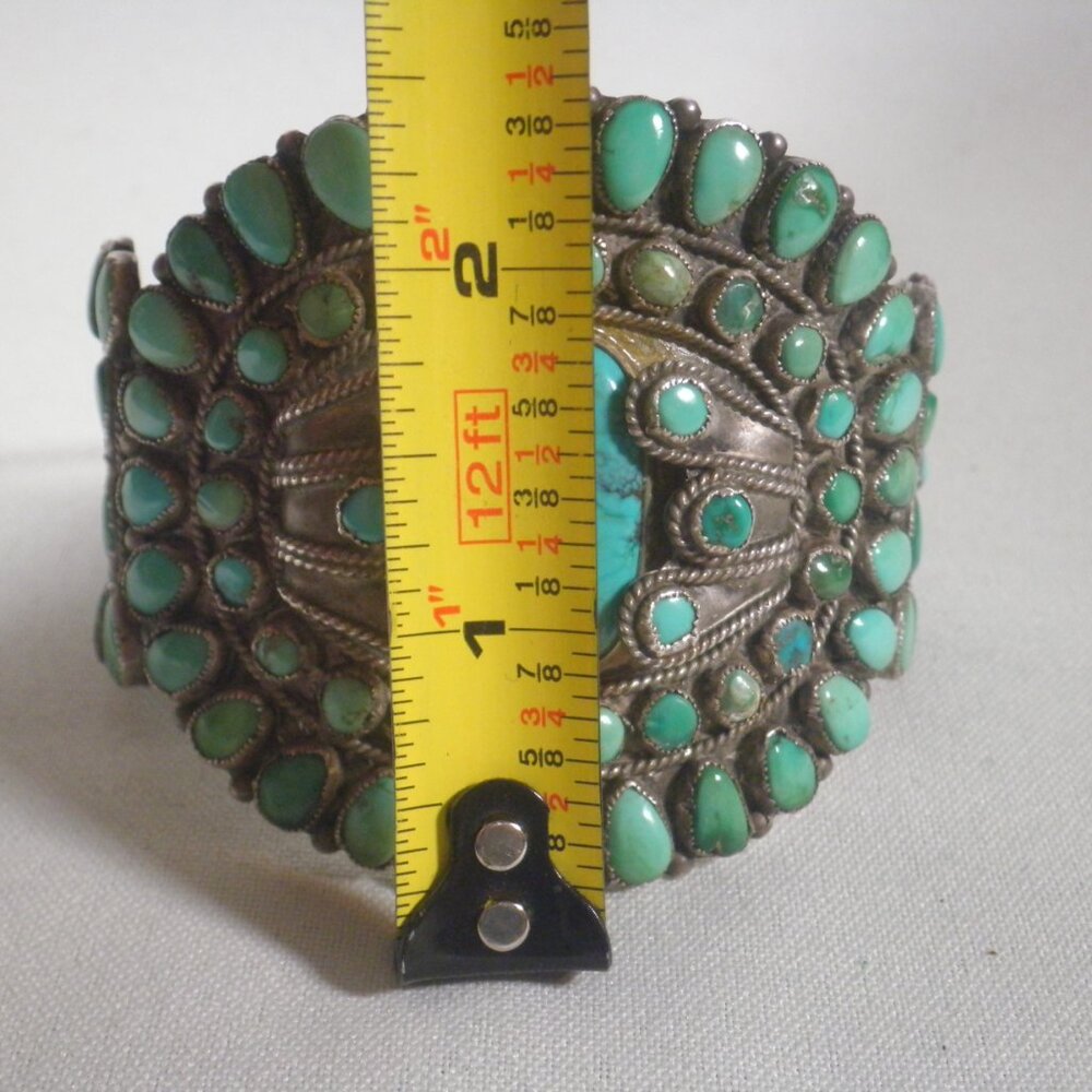 Native Turquoise Cluster Silver Cuff Bracelet - Blue Green Stones - Picture 7 of 8